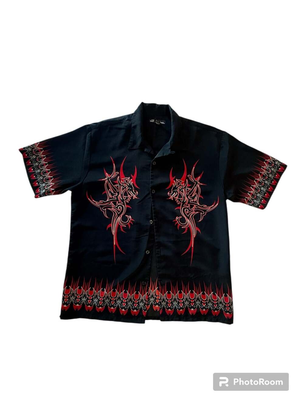 No Boundaries Black Red Tribal Dragon Flame Fire Button Up Shirt